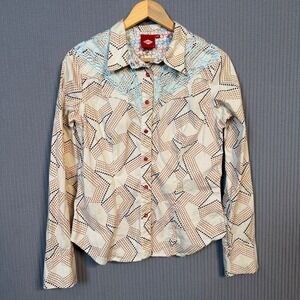 Oilily Button Down Western Top Size 38 Cream Embroidered Colorful Retro Fun